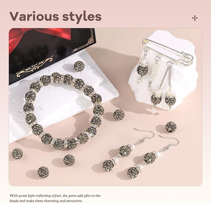 200pcs 10mm Rhinestone Beads for Jewelry Making, Gray Shiny Round Disco Ball Beads Bulk, Sparkle Crystal Clay Christmas for Bracelet Baseball Necklace Earring Crafting and DIY