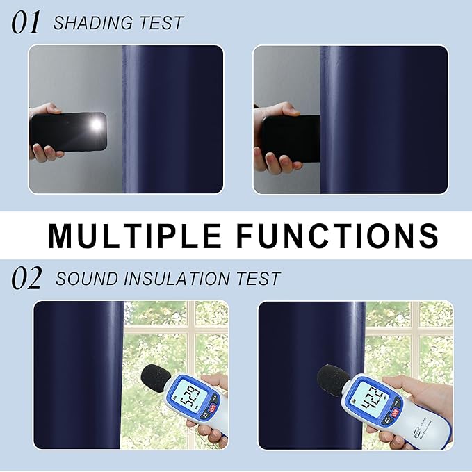 XWZO Full Shading Blackout Curtains 63 Inches Length with Tiebacks- Heat and Light Blocking Rod Pocket Window Drapes with Black Liner Backing for Bedroom/Living Room, Navy Blue, W60 x L63, Set of 2