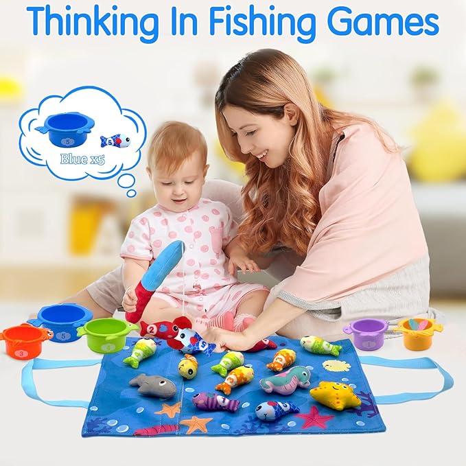 Montessori Toys for 1 Year Old, Cloth Fishing Game for Baby 12 Months with Stacking Cups, Number Counting, Color Sorting, Shape Learning