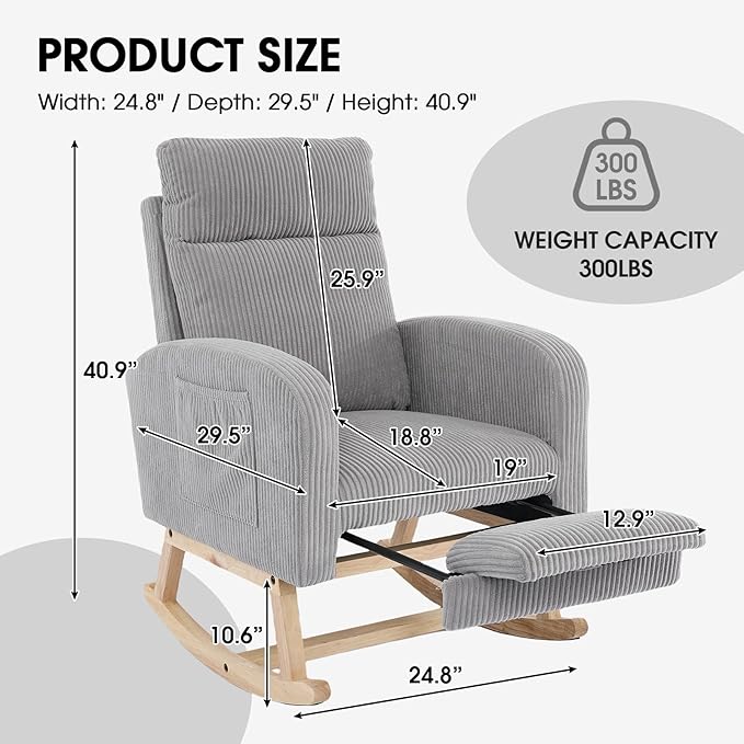 NIOIIKIT Nursery Rocking Chair, Corduroy Upholstered Rocking Chair with Adjustable Footrest, Tufted Rocker Chair with Side Pocket, Glider Rocker for Living Room, Bedroom (Gray Modern)