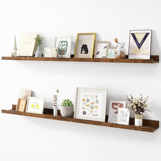 Picture Ledge Shelf, Wood Long Floating Shelves for Wall, Set of 2, 48 inch Picture Ledge Shelves, Photo Ledge Nursery Book Shelves Wall Mounted for Living Room Kids' Room Bedroom, Color Brown