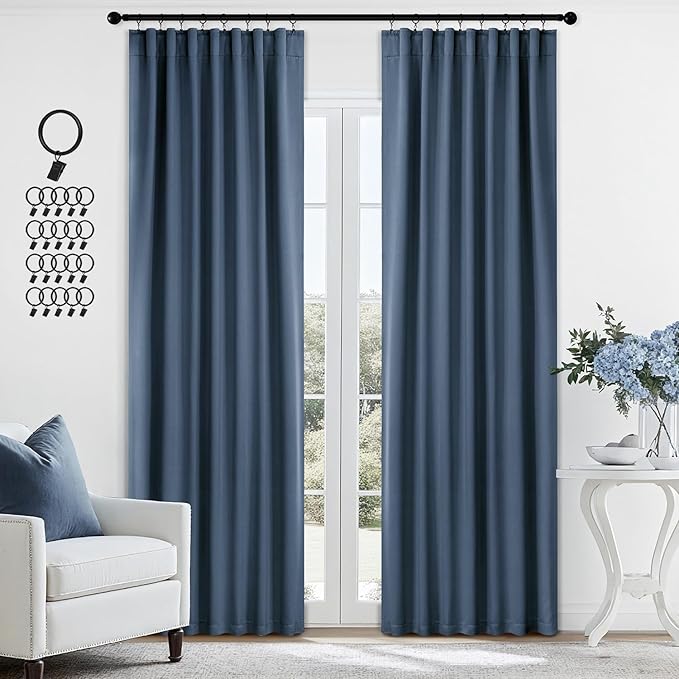 ANRODUO Back Tab Blackout Curtains for Bedroom Living Room, Rod Pocket Pinch Pleated Thermal Insulated Room Darkening Curtains 90 Inches Long 2 Panels, Stone Blue, 42 x 90 Inch