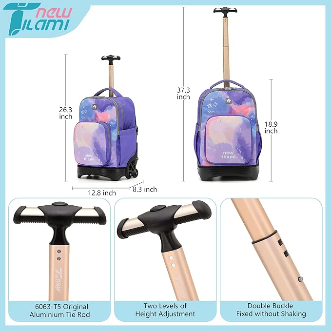 NEW TILAMI 18 inch Rolling Backpack Boys & Girls for School – Durable, Waterproof, Adjustable Handle, Ideal for Travel & Daily Use, Purple Sky
