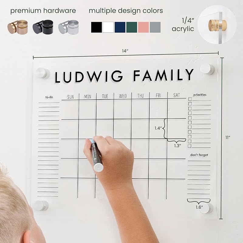 Personalized Clear Acrylic Calendar for Wall, Calendar Whiteboard for Wall, Dry Erase Wall Calendar, Wall Calendar Organizer System for Home (Block, Blush, 14"W x 11"H)