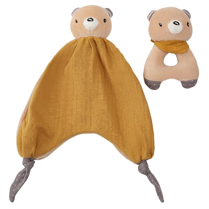 Organic Cotton Stuffed Animal Rattle Baby Toys, Plush Bear Cuddle Cloth and Hand Grip Ring Rattles Plush Toy Set for Newborns Infant Boys Girls, 2 PCS