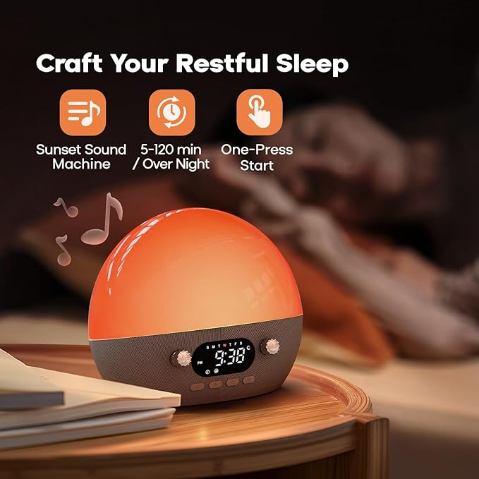 Dekala Smart Sunrise Alarm Clock with Wireless Charging for iPhone 14 13 12 Apple Watch AirPods Samsung, White Noise Sleep Sounds Machine, Nursery Night Light for Heavy Sleeper