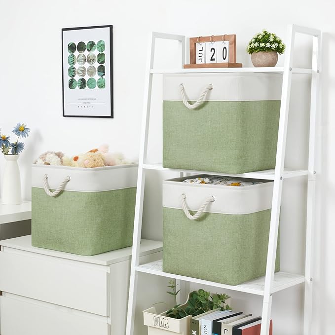 Bidtakay Cubby Storage Bins Set of 3 Fabric Baskets for Shelves Closet Drawer Organizer Storage Cubes 13x13 Collapsible Organization Baskets for Nursery Toy Shelf (White&green)