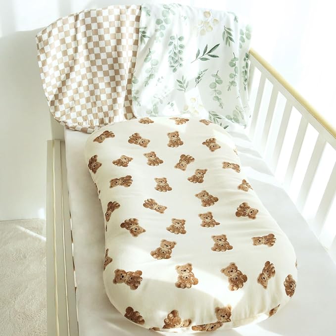 LifeTree Muslin Baby Lounger Cover, Newborn Slipcover Lounger Cover for Boys Girls Infant, Soft 70% Viscose from Bamboo and 30% Cotton, Cover Only, Bear Pattern, 30.7in x 20in