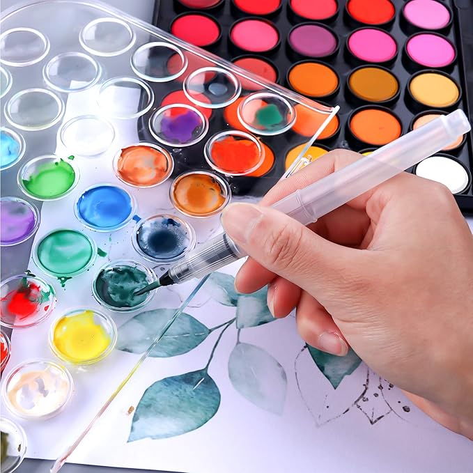 Watercolor Paint Set, 48 Color Watercolor with 10 PCS Nylon Brushes,6 PCS Refillable Water Brush Pen, 10 Page Pad(A4) and 2 PCS Art Sponges. Watercolor Paint set for Adults,Children and Beginners.