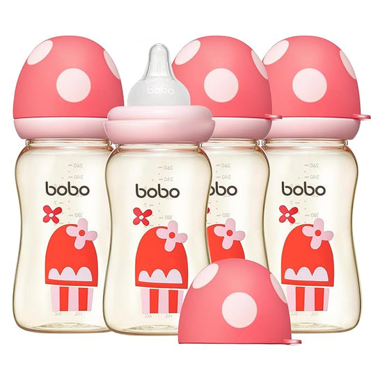 YOHKOH PPSU Baby Bottle Wide Neck, Newborn Anti-Colic Baby Bottle with Natural Response Nipple, Streamlined Body, Easy to Clean (8.8oz (Pack of 4), Red)