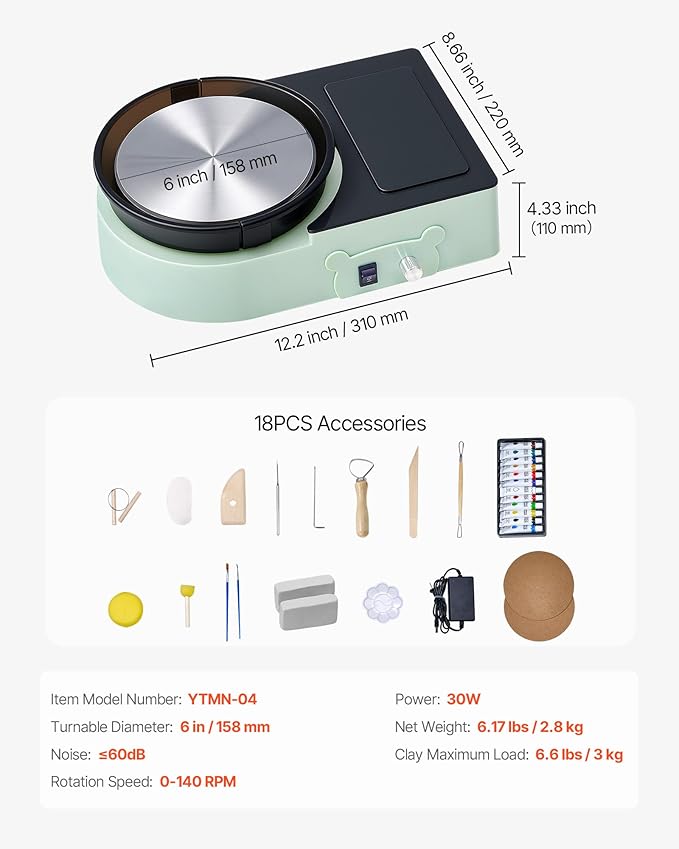 VEVOR Mini Pottery Wheel For Kids and Beginners, 6” Turntable, Two-way Rotation, Adjustable Speed, Complete Pottery Set with Clay Art Supplies Sculpting Tools, Craft Gifts for Kids Teens Adults, Green