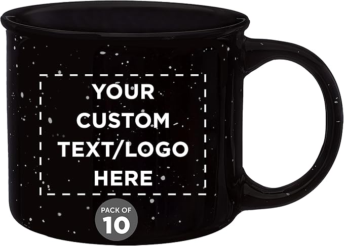 DISCOUNT PROMOS Custom Ceramic Campfire Coffee Mugs 13 oz. Set of 10, Personalized Bulk Pack - Perfect for Tea, Espresso, Cappuccino, Hot Cocoa - Black
