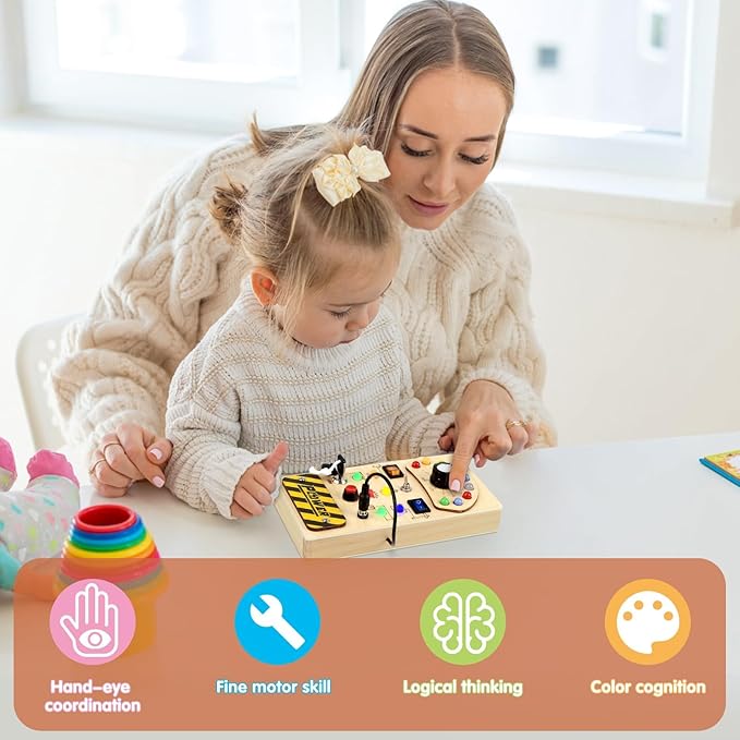 Joyreal Toddler Busy Board, Wooden Montessori Busy Board Sensory Board with LED Light Switch, Sensory Toys Baby Fidget Board Travel Toys for Toddler