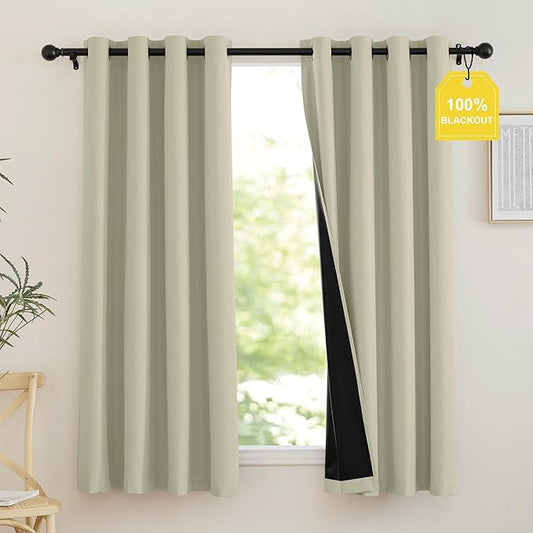 NICETOWN 100% Blackout Portable Curtains, Grommet Total Privacy Window Treatments Thermal Curtains Lightweight Travel Blackout Shades for Bedroom/Hotel, Muted Beige, W52 x L63, 2 Panels