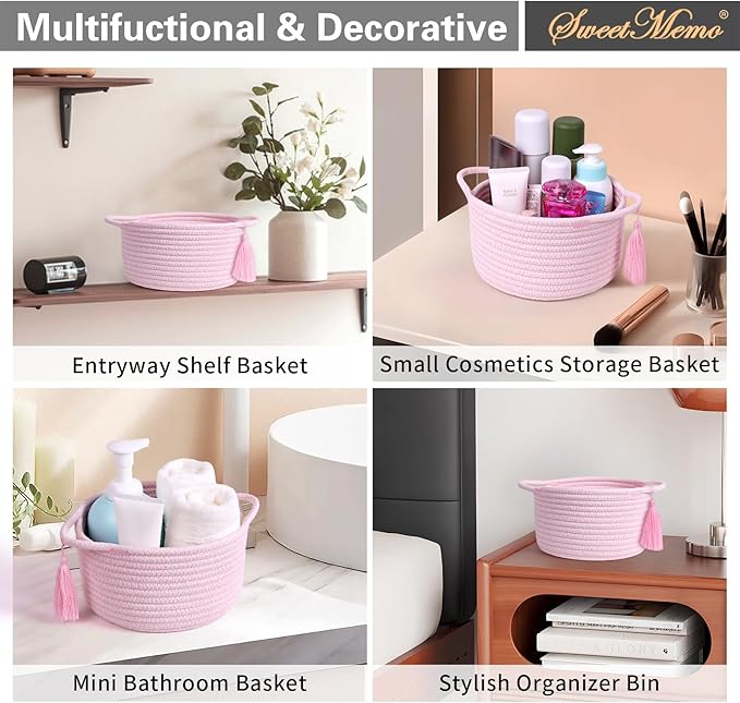 Small Cute Empty Gift Basket Little Woven Rope Organizer Baskets for Baby Shower Gifting, Makeup Brushes Holder, Bathroom- Decorative Vanity Storage Bins - 2 Pack, Pre-Shaped, Pastel Pink