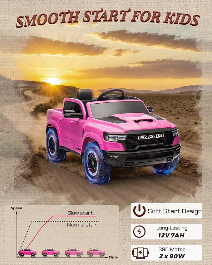 Licensed Ram 1500 12V Ride on Toys, Kids Ride on Car with Remote Control, Electric Vehicle for Toddler with Smooth Start, Pickup Truck Bed Storage, Spring Suspension, Aux Port (Pink)