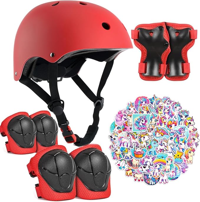 Kids Bike Helmet with Knee Elbow Wrist Pads Guards,Pink,for Ages 2-3-5-8-14,Sports Bicycle,Skate Scooter,Rollerblading with Unicorn Sticker