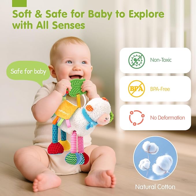 hahaland Baby Toys 0-6 Months - Baby Sensory Toys 0-3-6 Months Car Seat Toy Hanging - Musical Animals with Pull String Rattle Teether Crinkle Mirror, Crib Stroller Toy Tummy Time Babies Girl Boy Gifts
