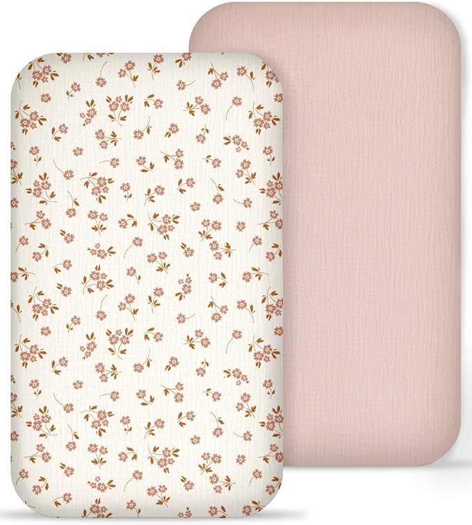 Muslin Bedside Bassinet Sheets 2 Pack, 33x20 Fitted Ultra Soft & Breathable Bedside Sleeper Sheets, Ideal for Baby Girl and Boy, Perfect for Newborns (Floral & Pink)