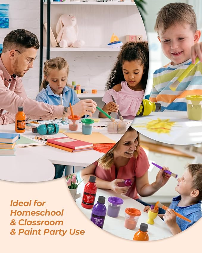 Nicpro 14 Colors Large Washable Paint for Kids 8.45oz/250ml, Non Toxic Children Tempera Finger Paints with Paint Brushes, Cups and Sponge for Art, Poster, School, Classroom, Craft DIY, Children