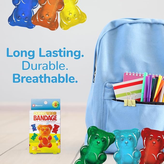 BioSwiss Bandages, Gummy Bear Shaped Self Adhesive Bandage, Latex Free Sterile Wound Care, Fun First Aid Kit Supplies for Kids, 24 Count