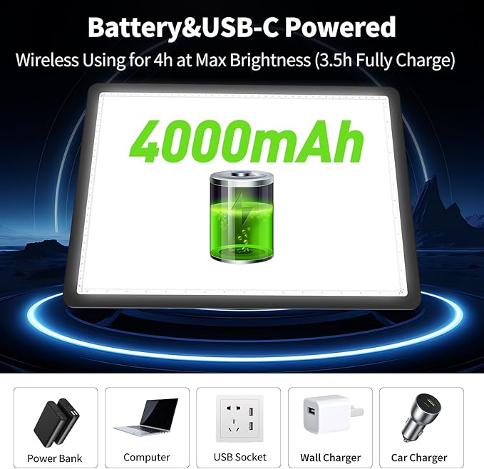 Phylosal Rechargeable A3 Light Pad with Carry Bag, Ultra-Thin Magnetic Tracing Light Box for Drawing, Diamond Art Painting Light Board with Side Button, Super Bright Light Table for Sketching (Black)