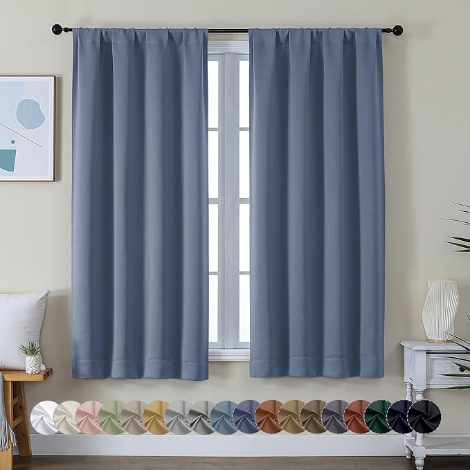 Simplebrand Ava Denim Blue Blackout Curtains for Bedroom 63 Inch Length 2 Panels, Solid Thermal Insulated Energy Saving Rod Pocket Window Treatment Curtains Blackout Drapes, W40 x L63 Inch, Denim Blue