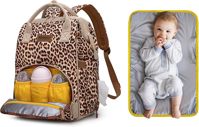 Wrangler Leopard Print Backpack Multifunction Baby Travel Bag with Changing Pad, Stroller Straps and Pacifier Case WG2204-91103LP-BR