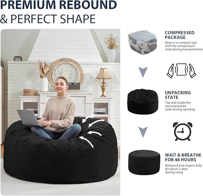 4FT Bean Bag Chair, Large Bean Bag Chairs with Memory Foam Filled, Fluffy Beanbag Sofa with Dutch Velvet Cover, Round BeanBag Chairs for Living Room, Playroom - Black