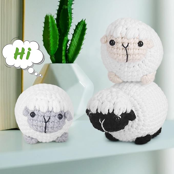 Crochet Kit for Beginners, Crochet Starter Kit with Step-by-Step Video Tutorials, Amigurumi Crochet DIY Knitting Supplies for Adults Kids, 3-Pack Little Lambs (40%+ Yarn)