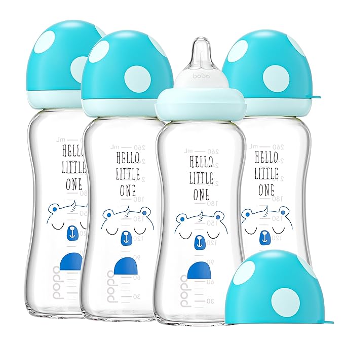 YOHKOH Natural Glass Baby Bottle with Natural Response Nipple, Newborn Anti-Colic Baby Bottles, Wide Neck Mushroom Cap Baby Bottle, Clear (8.8ounce (Pack of 4), Blue1)