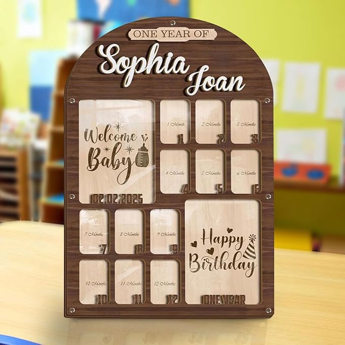 V-DECORPARKS Personalized My First Year Photo Frame | 12 Months Picture Frame For Baby First Year | Displays Two 4x6 Photo and Twelve 2x3 Pictures | Welcome Baby To Happy Birthday With Birth Stats