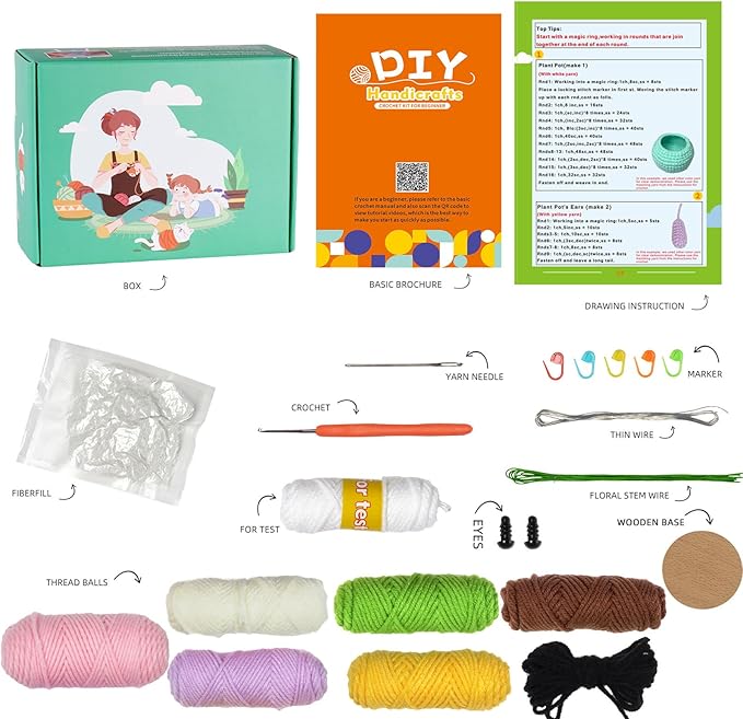 RoseFlower Crochet Kit for Beginners, 4 Pack Potted Plants Crochets Starter Kits with Step-by-Step Video Tutorials, DIY Craft Knitting Crochet Animals Set for Kids Adult