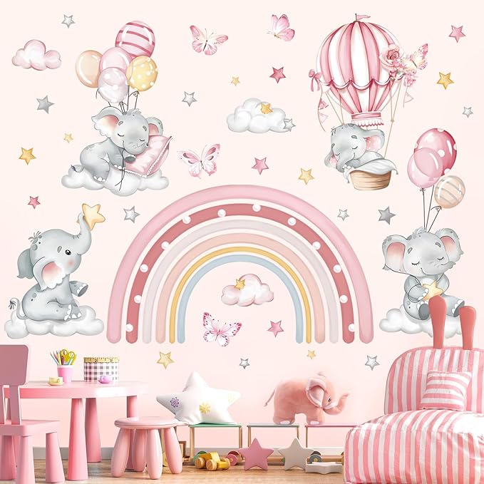 decalmile Pink Rainbow Elephant Wall Stickers Hot Air Balloon Animals Clouds Stars Wall Decals Baby Nursery Kids Bedroom Daycare Wall Decor