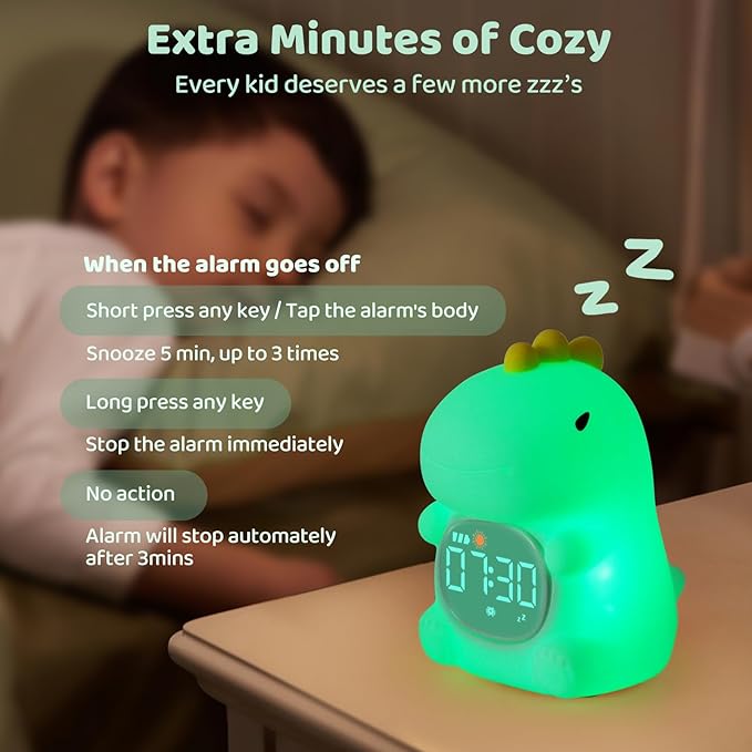 Dinosaurs Alarm Clock with Night Light for Kids with Sleep Training and Sound Machine, Rechargeable Silicone Lamp OK to Wake Clock，Cute Animal Tabletop Lamp, Perfect Sleep Companion for Boys Girls