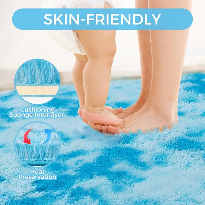 Ultra Soft Rug for Living Room, 8X10 Fluffy Shag Area Rug for Bedroom, Modern Shaggy Carpets Fuzzy Rug for Teens Dorm Nursery Home Decor Aesthetic, Upgrade Anti-Skid Durable, Tie-Dyed Blue