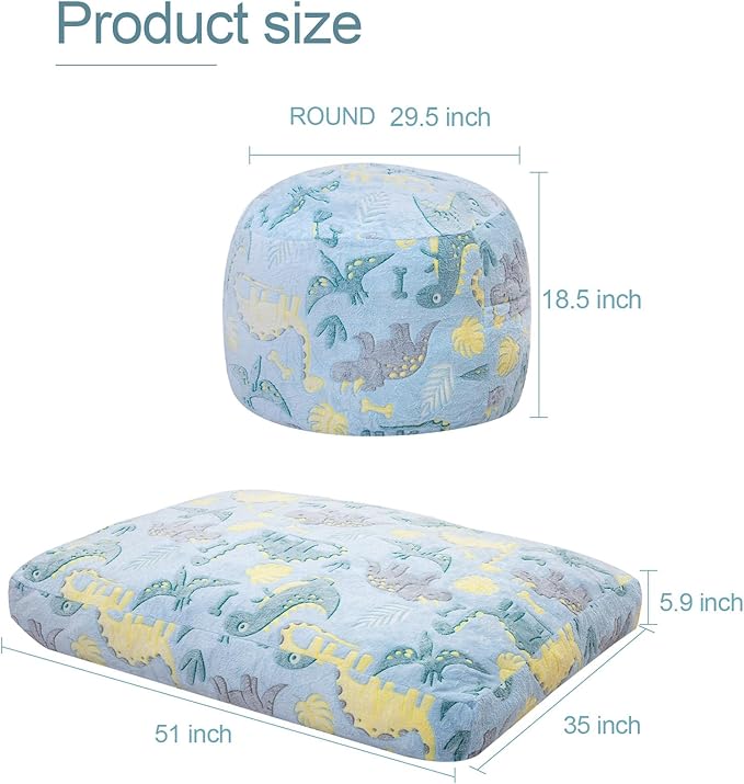 Bean Bag Chair for Kids, Toddler Beanbag Bed Unicorn, Convertible Children Bean Chair to Floor Mattress with Filler, Stuffed Child Bean Bags for Girl Boy Sleeping, Blue Dino