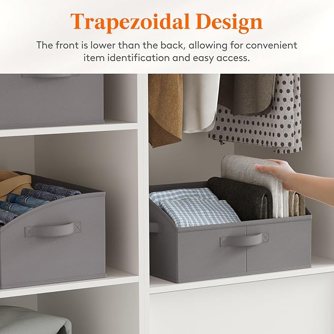 Lifewit Storage Baskets for Shelves, 6 Packs Non-woven Fabric Trapezoid Closet Organizer Bins with Handles, Foldable Clothing Containers Box for Clothes, Toy, Towel, Book, DVD, Hats, Medium-Grey