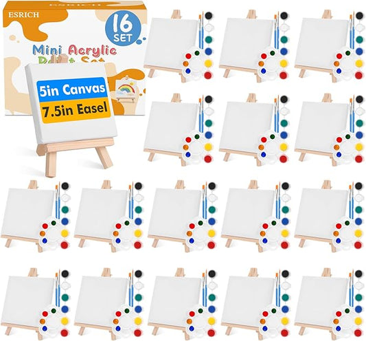 ESRICH 16 Set Mini Acrylic Paint Kit,5in Mini Stretched Canvas with 7.5in Easel,Acrylic Paint Strips,Paint Palettes,Painting Brushes, Small Canvas and Easel Set for Kids Artists Beginner,Gift