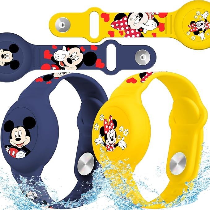 Waterproof Air Tag Bracelet for Kids [2 Pack], Cute Cartoon Air Tag Holder for Kids with Full Coverage Hidden Design, Silicone Airtag Wristband for Child, Healthy Material Blue + Yellow