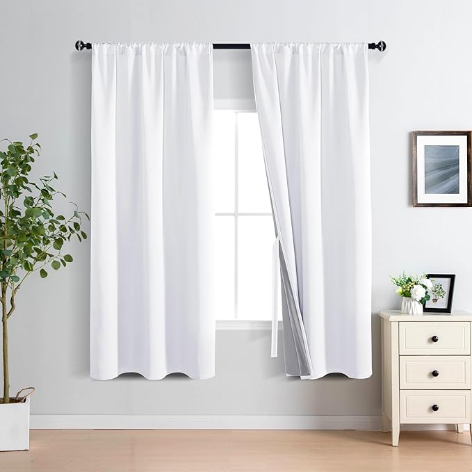 XWZO White 100% Blackout Curtains - Heat and Full Light Blocking Drapes with Black Liner for Bedroom/Laundry Room, Rod Pocket Window Panels with Tiebacks, White, W42 x L63, Set of 2