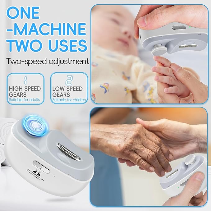 Electric Nail Clipper 2 in 1, Baby Nail Trimmer Electric, Baby Automatic Nail File with Polishing, LED Lights, Nail Chip Storage, USB Charging, 2 Speed Levels for Babies and Adults (White)