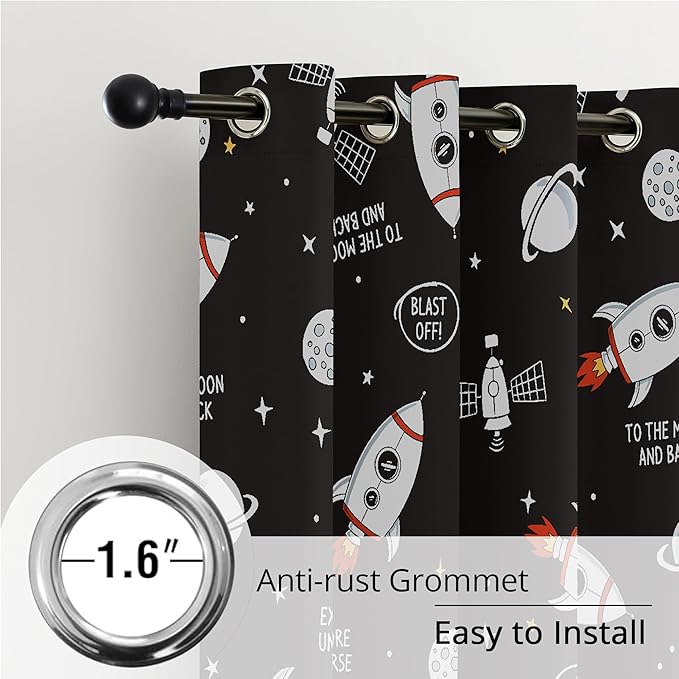 Kids Space Rocket Blackout Curtains - 100% Blackout, Thermal Insulated, Noise Reducing, Perfect for Kids Room and Nursery, 2 Panels (Blast-Off Moon Mission, W52×L84)
