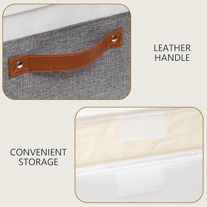 Yawinhe Storage Bins with Lids, Fabric Foldable Boxes, Washable and Leather Handle, Cube Organizer Basket for Home, Closet, White/Grey, 17.7''Lx11.8''Wx11.8''H, 5-Pack, USNK024WGX-5
