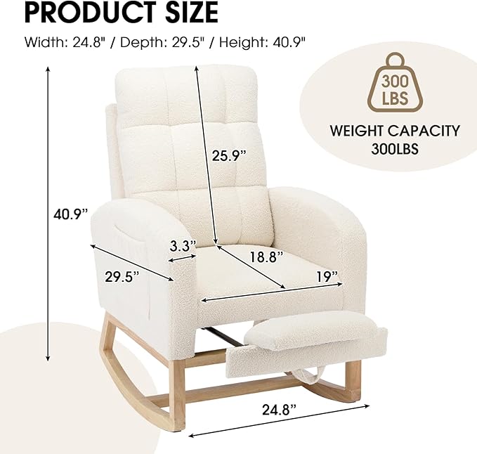 NIOIIKIT Modern Nursery Rocking Chair, Teddy Upholstered Rocking Chair with Footrest, Comfortable Rocker Chair with Side Pocket, Rocker Chair for Living Room, Bedroom, Nursing Room (White)