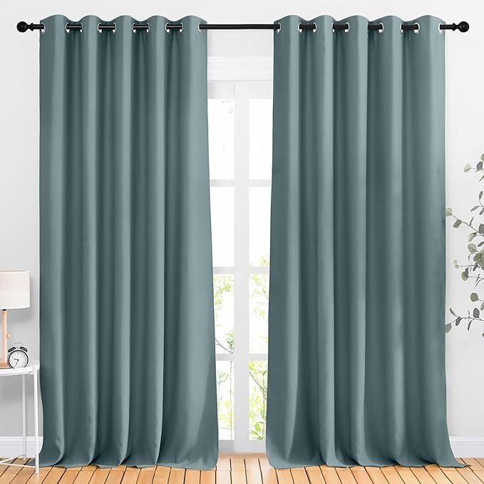 NICETOWN Room Darkening Curtains Extra Long 110 Inches, Grommet Thermal Insulated Weighted Window Treatments for Living Room/Farmhouse, W66 x L110, Greyish Blue, 2 Panels