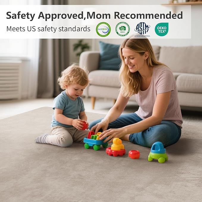 Baby Play Mat for Floor,1.3" Thick Elasti-Foam 50"×50" Playpen Mat for Tummy Time,Water Repellent Soft Coral Velvet for Toddler,Infant,Kids,Non-Slip Backing Safe for Crawling(Light Grey)