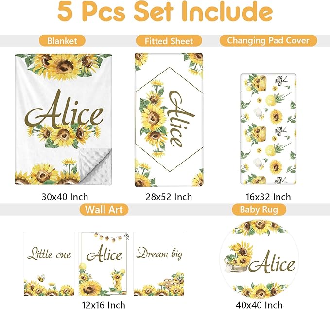 Personalized Baby Bedding Set - 5 Pcs Custom Infants Bedding Set with Infant Name - Double Layer Nursery Crib Set for Girls Boys - Customized Gifts for Toddler Baby Shower - Yellow Sunflower
