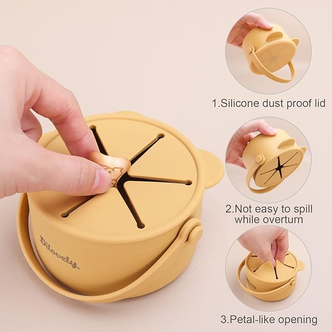 Snack Cups for Toddlers, Baby Snack Containers, Silicone Toddler Snack Cups No Spill, Food Catcher with Lid & Bucket-like Handle, BPA Free & Dishwasher Safe, 9 Ounce Mustard