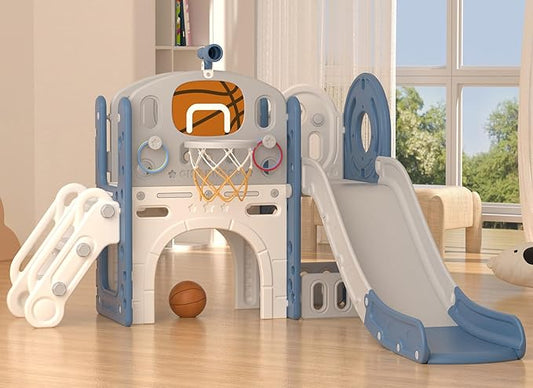 XJD 8 in 1 Toddler Slide Set, Kids Slide for Toddlers Age 1+, Toddler Climber Slide PlaySet with Basketball Hoop and Ball,Outdoor Indoor Playground for Toddlers 1-3 (Blue Gley, 8 in 1)